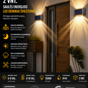 16/12/10 LED saulės energija įkraunamas sieninis šviestuvas 2vnt